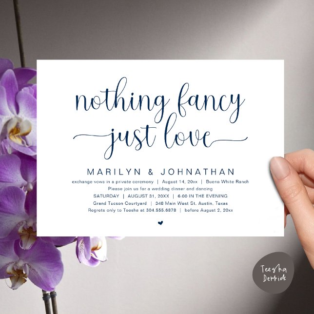 Invitation Rien De Chic, Juste De L'Amour, Dîner Mariage Dans (Nothing Fancy, Just Love, Modern Wedding Dinner Dancing Dancing Invitation Card, PDF, Navy Blue)