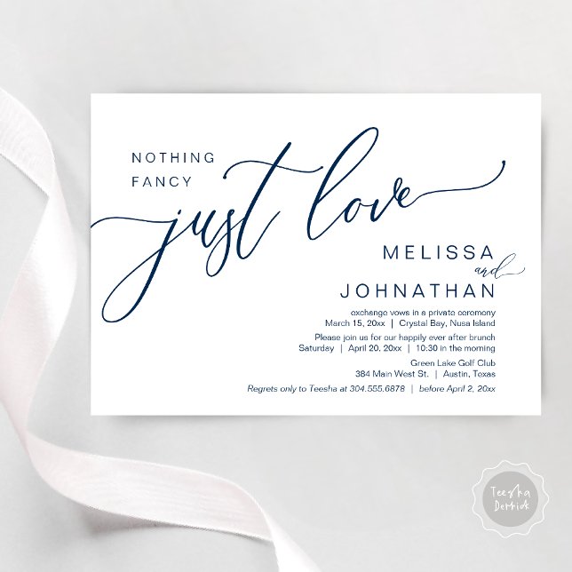 Invitation Rien De Fancy Just Love, Mariage Elopement Brunch (Celebrate with us, Nothing Fancy Just Love, Romantic Wedding Brunch Invitation Card PDF Navy Blue)