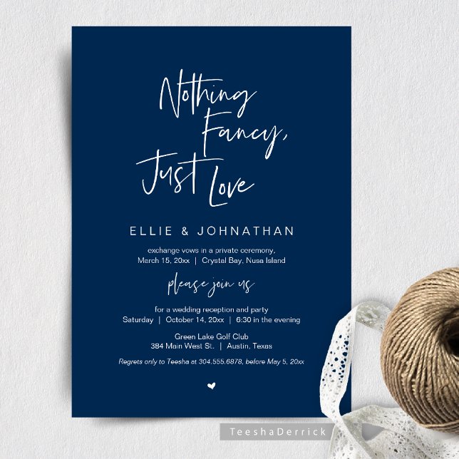 Invitation Rien De Fancy Just Love, Mariage Elopement Dîner (Nothing Fancy Just Love, Wedding Elopement Dinner or Brunch Invitation, in Classy Navy Blue Theme.)