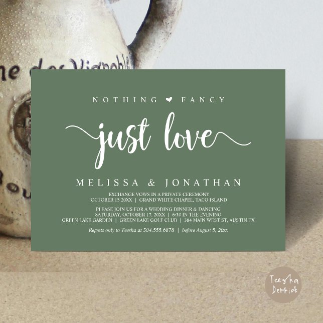 Invitation Rien De Fancy Just Love, Moderne Elopement Mariage (Nothing Fancy Just Love, Modern Rustic Wedding Elopement Dinner Invitation Card, PDF, Greenery Sage)