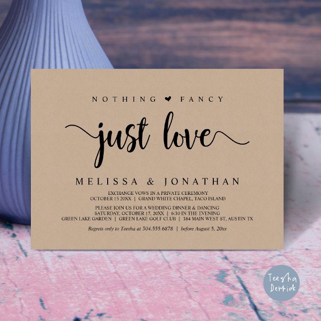 Invitation Rien De Fancy Just Love, Moderne Elopement Mariage (Nothing Fancy Just Love, Modern Rustic Wedding Elopement Dinner Invitation Card, PDF, Brown Kraft)