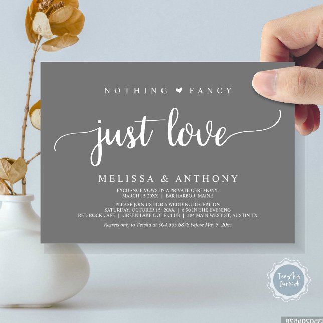 Invitation Rien De Fancy Juste Amour, Elopement, Mariage Rust (Nothing Fancy Just Love, Elopement, Rustic Script Wedding Invitation Card, in Dark Grey)