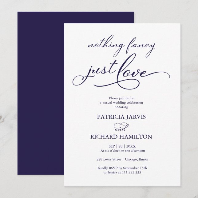 Invitation Rien de fantaisie Just Love Marine Blue Mariage Dé (Devant / Derrière)