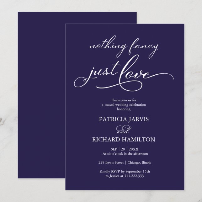 Invitation Rien de fantaisie Just Love Marine Blue Mariage Dé (Devant / Derrière)