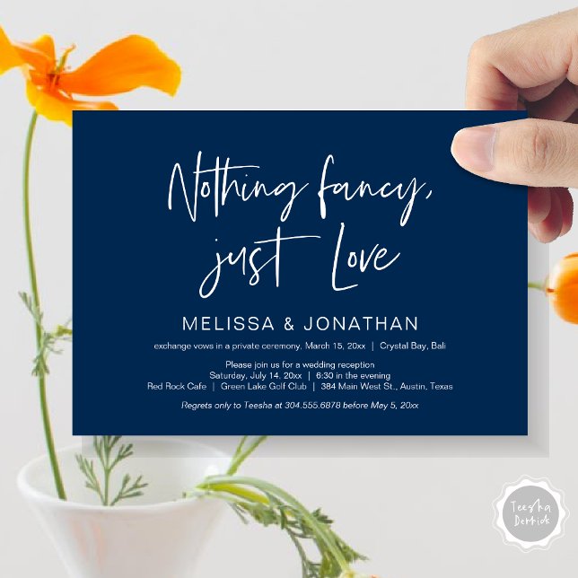Invitation Rien de fantaisie, juste amour, mariage fugué part (Nothing Fancy Just Love, Wedding Elopement Dinner Party Invitation Card, PDF, Modern, Navy Blue)