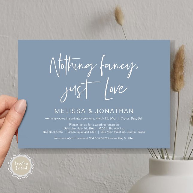 Invitation Rien de fantaisie, juste amour, mariage fugué part (Nothing Fancy Just Love, Wedding Elopement Dinner Party Invitation Card, PDF, Modern, Dusty Blue)