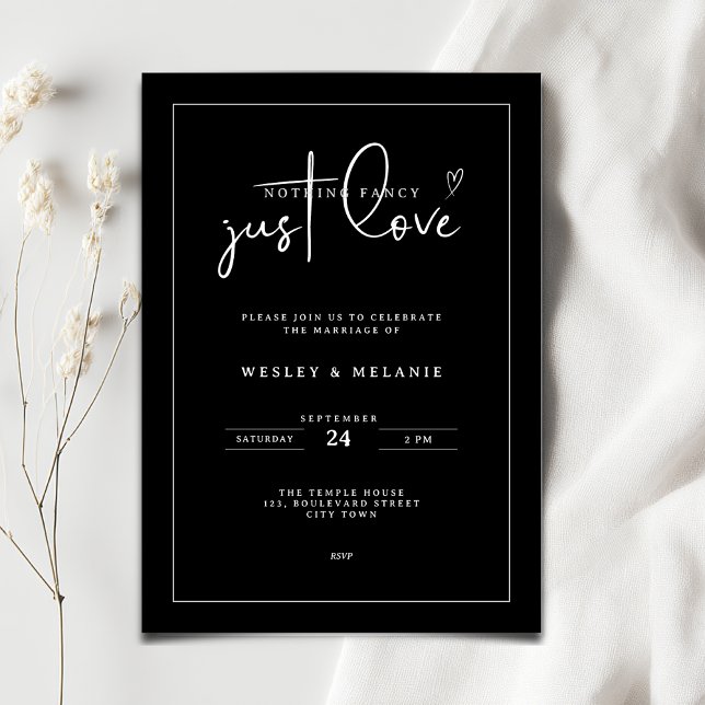 Invitation Rien de Fantaisie Juste Amour Mariage Minimaliste  (Nothing fancy just love minimalist wedding invitation in black and white color)