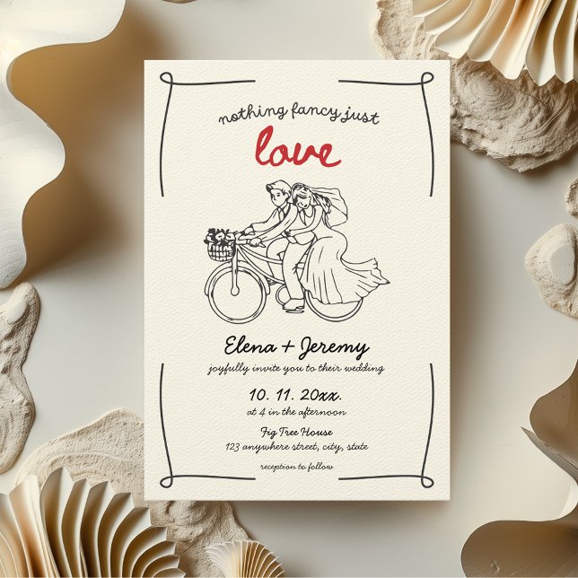 Invitation Rien De fantaisie Juste Amour Moto Main tiré (Nothing fancy just love wedding invitation hand drawn whimsical quirky motorcycle bike aesthetic)