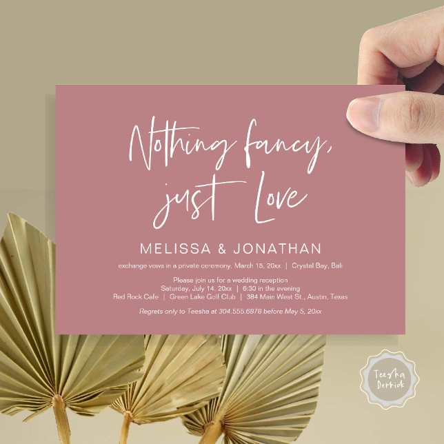 Invitation Rien de fantaisie, juste de l'amour, mariage fugua (Nothing Fancy Just Love, Wedding Elopement Dinner Party Invitation Card, PDF, Classy Dusty Rose Pink)