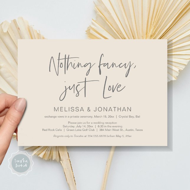 Invitation Rien de fantaisie, juste de l'amour, mariage fugué (Nothing Fancy Just Love, Wedding Elopement Dinner Party Invitation Card, PDF,, Dark Grey Cream)