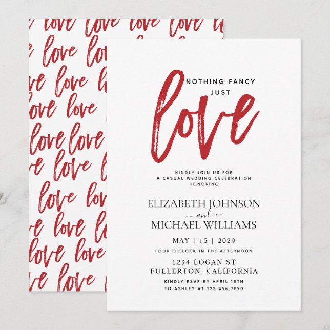 Invitation Rien de Fantaisie Juste l'Amour Rouge Mariage Déco (Devant / Derrière)