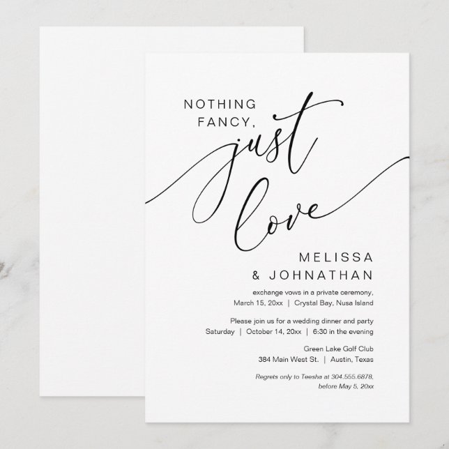 Invitation Rien De fantaisiste, Juste Amour, Mariage Elopemen (Devant / Derrière)