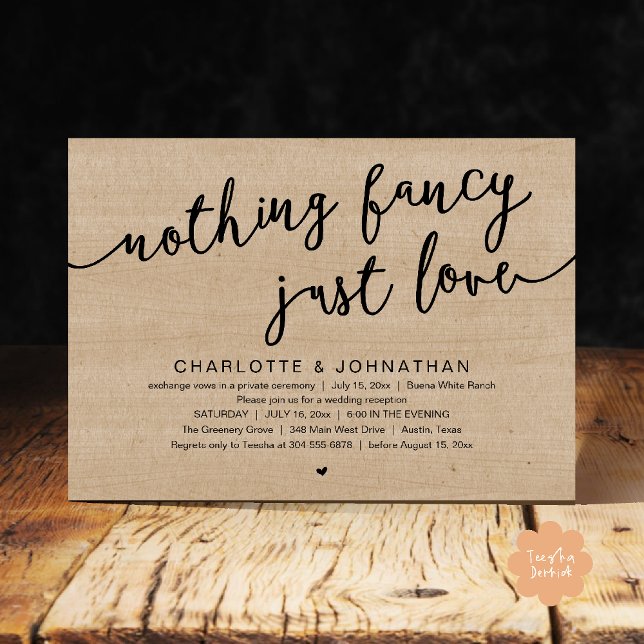 Invitation Rien De fantaisiste, Juste Amour, Mariage Elopemen (Nothing Fancy, Just Love, Wedding Elopement Dinner Lunch Brunch Party Invites Card  PDF Brown Wood)