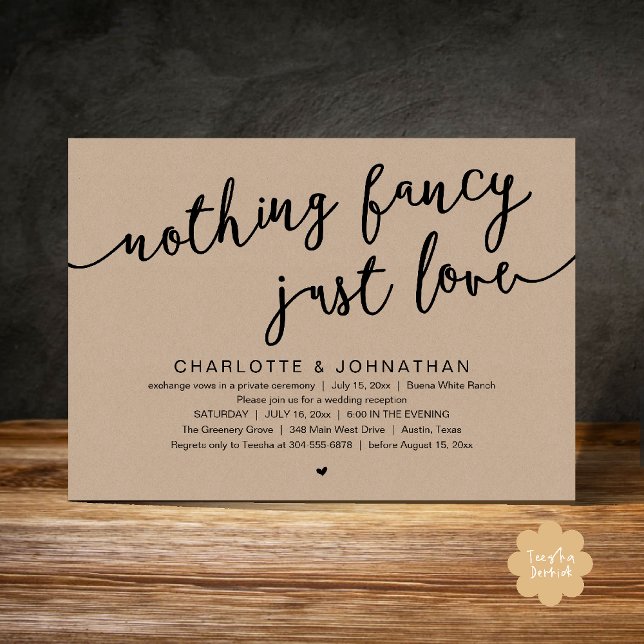 Invitation Rien De fantaisiste, Juste Amour, Mariage Elopemen (Nothing Fancy, Just Love, Wedding Elopement Dinner Lunch Brunch Party Invites Card  PDF Brown Kraft)