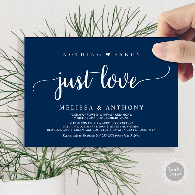 Invitation Rien de fantaisiste juste de l'amour, Bleu marine, (Nothing Fancy Just Love, Elopement, Rustic Wedding Invitation Card, in Navy Blue)