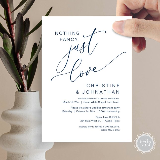 Invitation Rien de Fantaisiste, Juste de l'Amour, Dîner d'Élo (Nothing Fancy, Just Love, Wedding Elopement Dinner Party Invitation Card, PDF, Navy Blue)