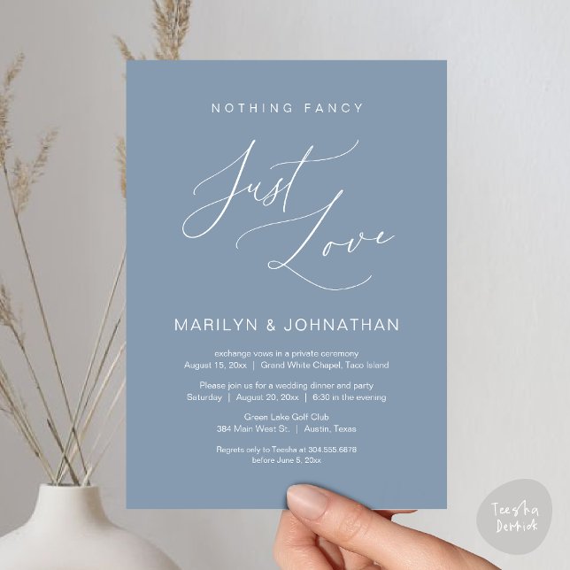 Invitation Rien de fantaisiste, juste de l'amour, Dîner d'élo (Nothing Fancy, Just Love, Wedding Elopement Dinner Brunch Lunch Party Invites Card PDF, Dusty Blue)
