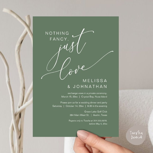 Invitation Rien de fantaisiste, juste de l'amour, évasion de  (Nothing Fancy, Just Love, Wedding Elopement Invitation Card, PDF, Greenery Sage Green)
