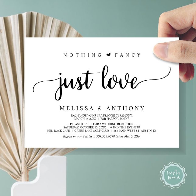 Invitation Rien de fantaisiste, juste l'amour, Fugue, Mariage (Nothing Fancy Just Love, Elopement, Rustic Wedding Invitation Card, in Black and White)