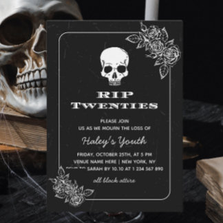 Invitation RIP 20s Vingt ans Crâne Floral Noir 30e Anniversai