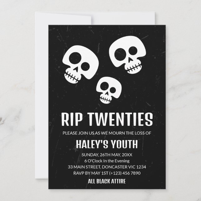 Invitation RIP Années 20 Skull Funny Funeral 30th Birthday (Devant)