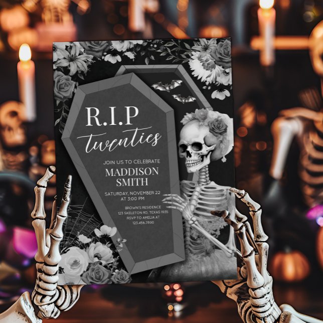 Invitation RIP Années Crâne floral Halloween Anniversaire (RIP Twenties Death to my Twenties Halloween Birthday Invitation)