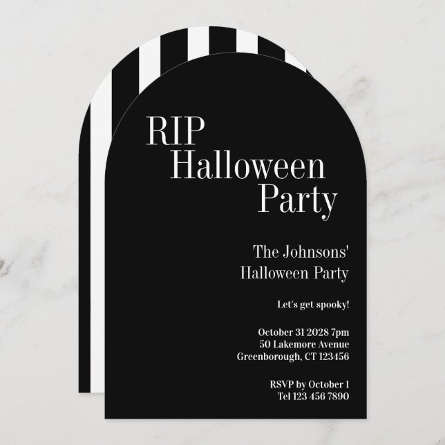 Invitation RIP Halloween Party Black and White Stripe (Devant / Derrière)