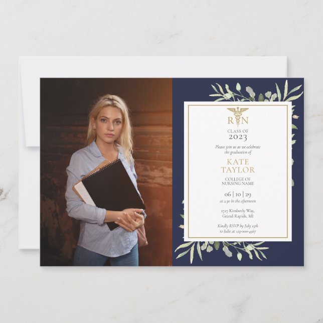 Invitation RN Infirmière Graduation Marine Blue Foliage Photo (Devant)