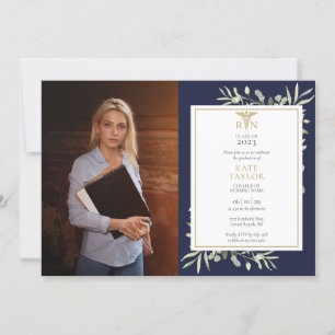 Invitation RN Infirmière Graduation Marine Blue Foliage Photo