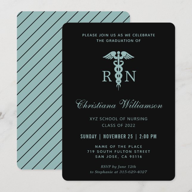 Invitation RN Infirmière inscrite Caduceus Graduation minimal (Devant / Derrière)