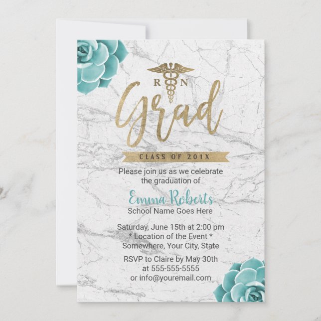 Invitation RN Nurse Graduation Party Floral Marbre blanc (Devant)