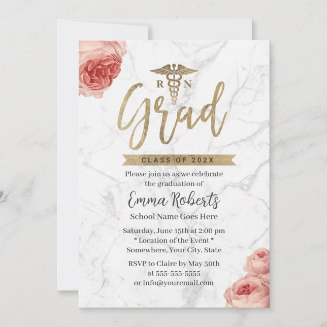 Invitation RN Nurse Graduation Party Floral Marbre blanc (Devant)