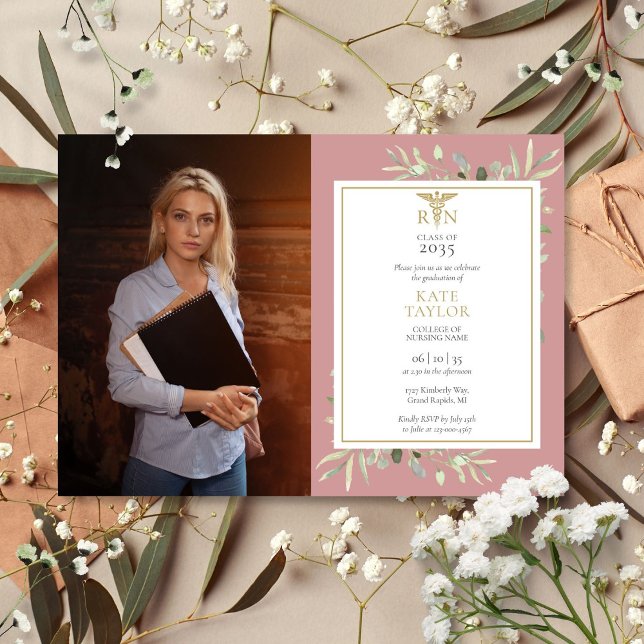 Invitation RN Nursing Graduation Dusty Rose Foliage Photo (RN Nursing Graduation Dusty Rose Foliage Photo Invitation)