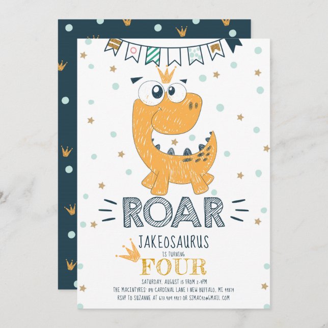 Invitation ROAR Dinosaur Anniversaire (Devant / Derrière)