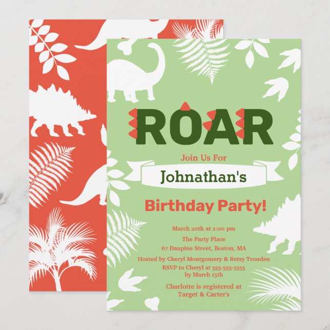 Invitation Roar Dinosaur & Jungle Foliage Anniversaire (Devant / Derrière)