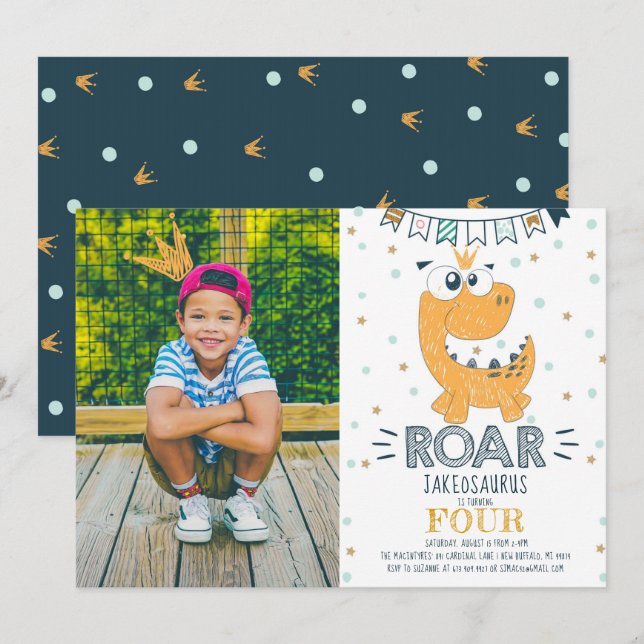 Invitation ROAR Dinosaur photo d'anniversaire (Devant / Derrière)