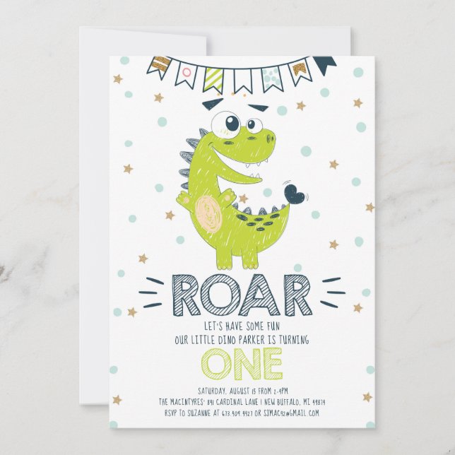 Invitation ROAR Dinosaure vert premier anniversaire (Devant)
