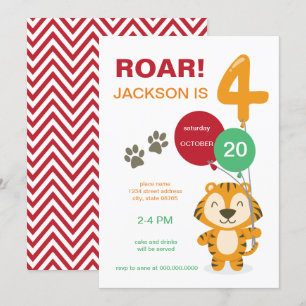 Invitation Roar I'm Four Tiger Crcus Zoo Quatrième anniversai