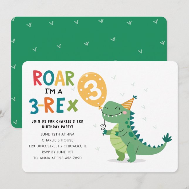 Invitation Roar Je suis un 3-Rex Enfants Troisième fête d'ann (Devant / Derrière)