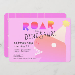 Invitation ROAR T-Rex Dinosaur Neon Rose fille Anniversaire