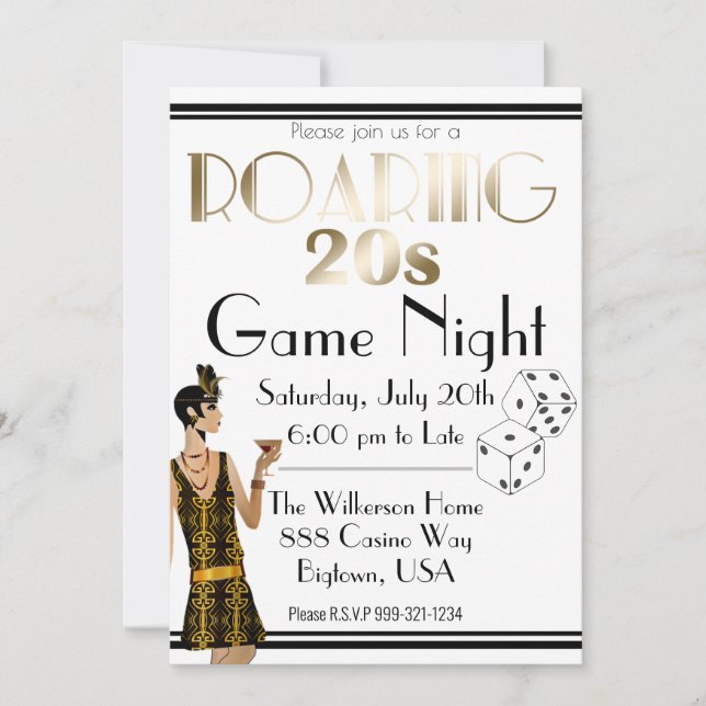 Invitation Roaring 20 Années Jeu Nuit Rétro Or (Devant)