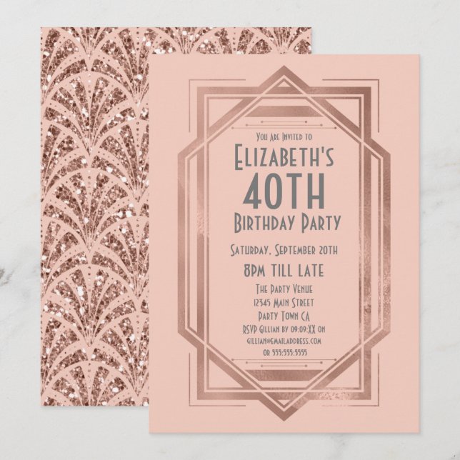 Invitation Roaring 20's Art Déco Rose Gold 40e anniversaire (Devant / Derrière)