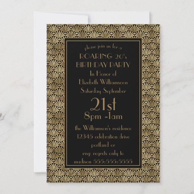 Invitation Roaring 20's Birthday Party Black Gold Art Déco (Devant)