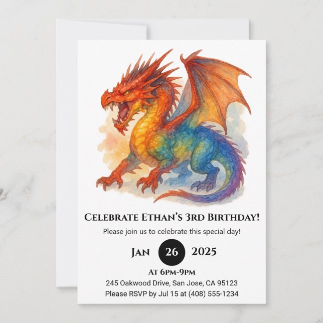 Invitation Roaring Rainbow Dragon Birthday (Devant)