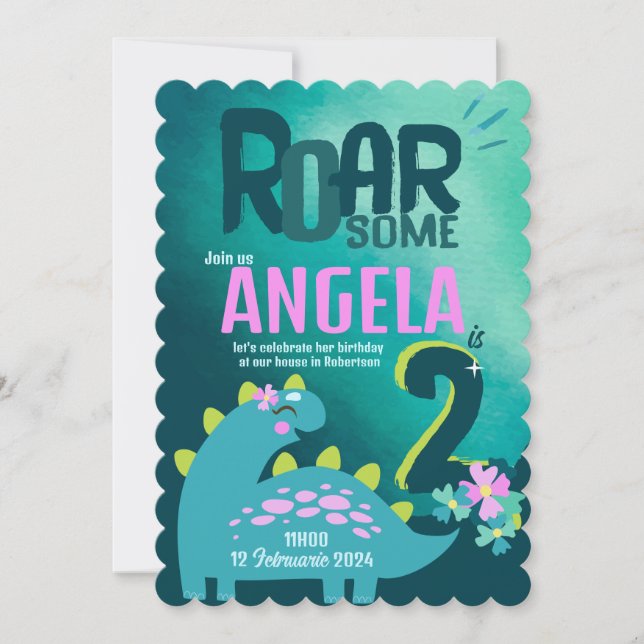 Invitation Roarsome 2e Filles anniversaire (Devant)