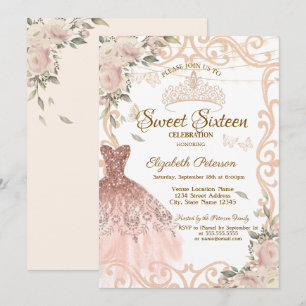 Invitation Robe à cadre de fleurs chic Papillons Sweet 16