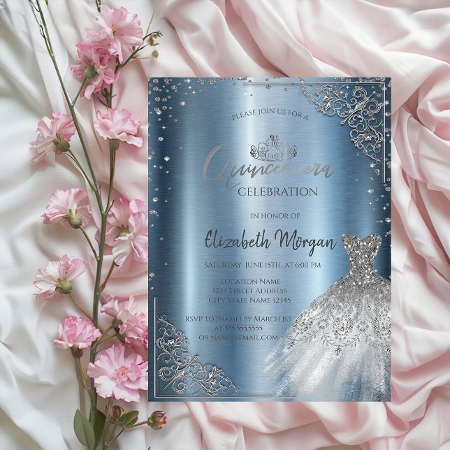 Invitation Robe à cadre en diamants d'argent Quinceañera (Créateur téléchargé)