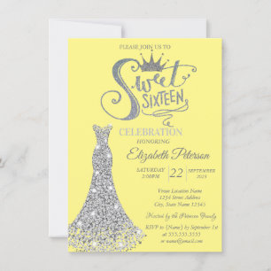 Invitation Robe à diamants argentés,Diamants Jaune Sweet 16