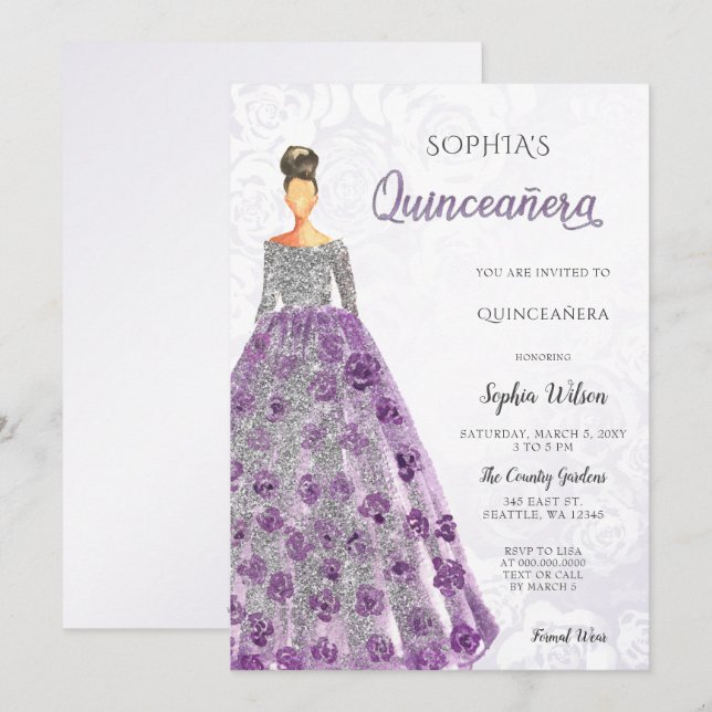 Invitation Robe à étincelles violette en argent Quinceanera (Devant / Derrière)