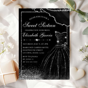 Invitation Robe à l'aquarelle noire & Bordure glamour argenté
